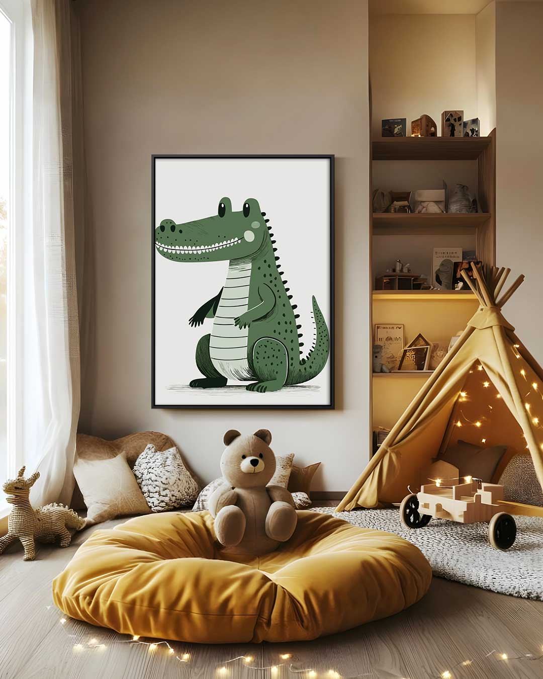 Schattige Groene Krokodil Illustratie Kunstwerk-canvas-dibond-plexiglas-wanddecoratie-WallArtistic