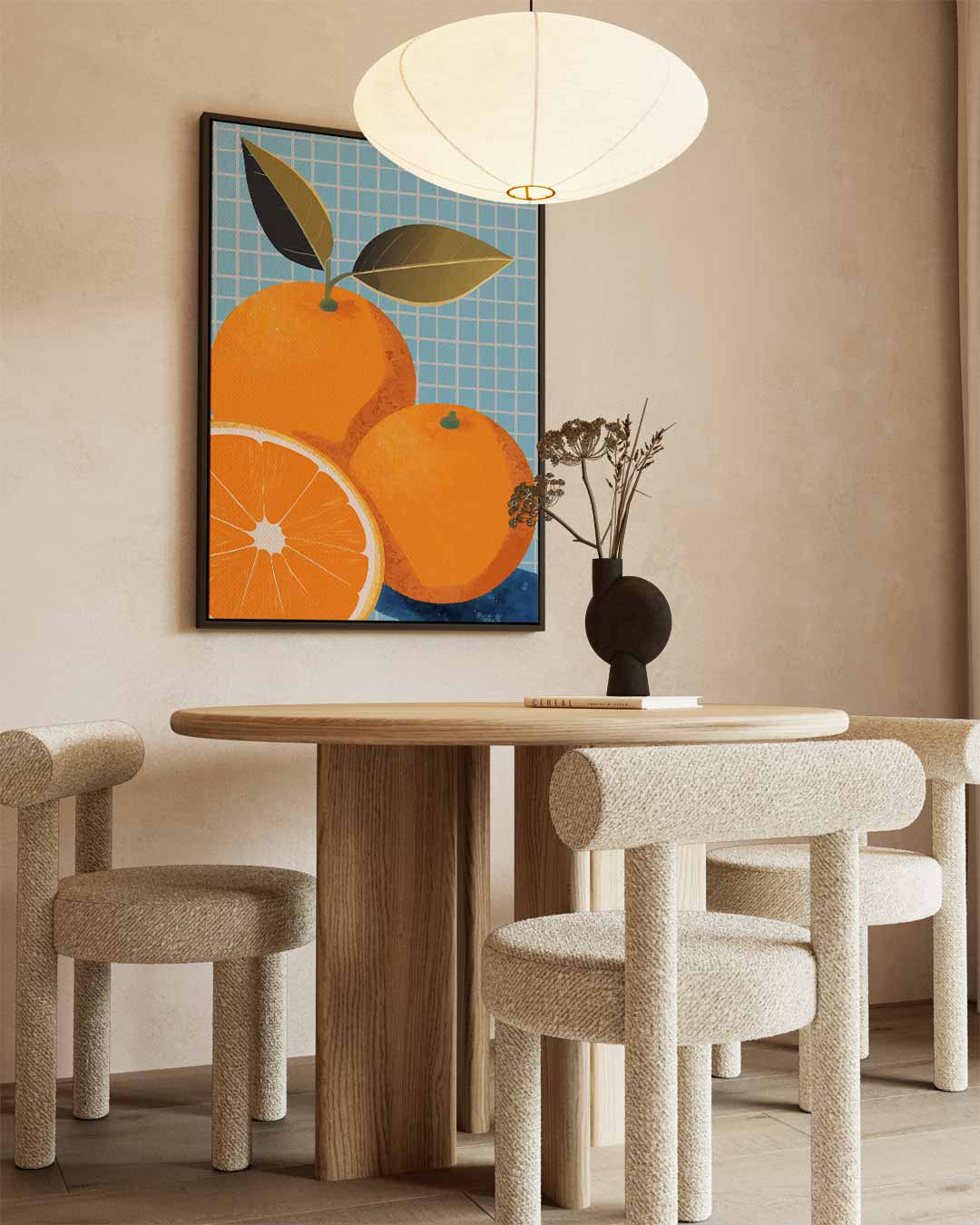 Vrolijke Sinaasappels op Blauw Kunstwerk-canvas-dibond-plexiglas-wanddecoratie-WallArtistic
