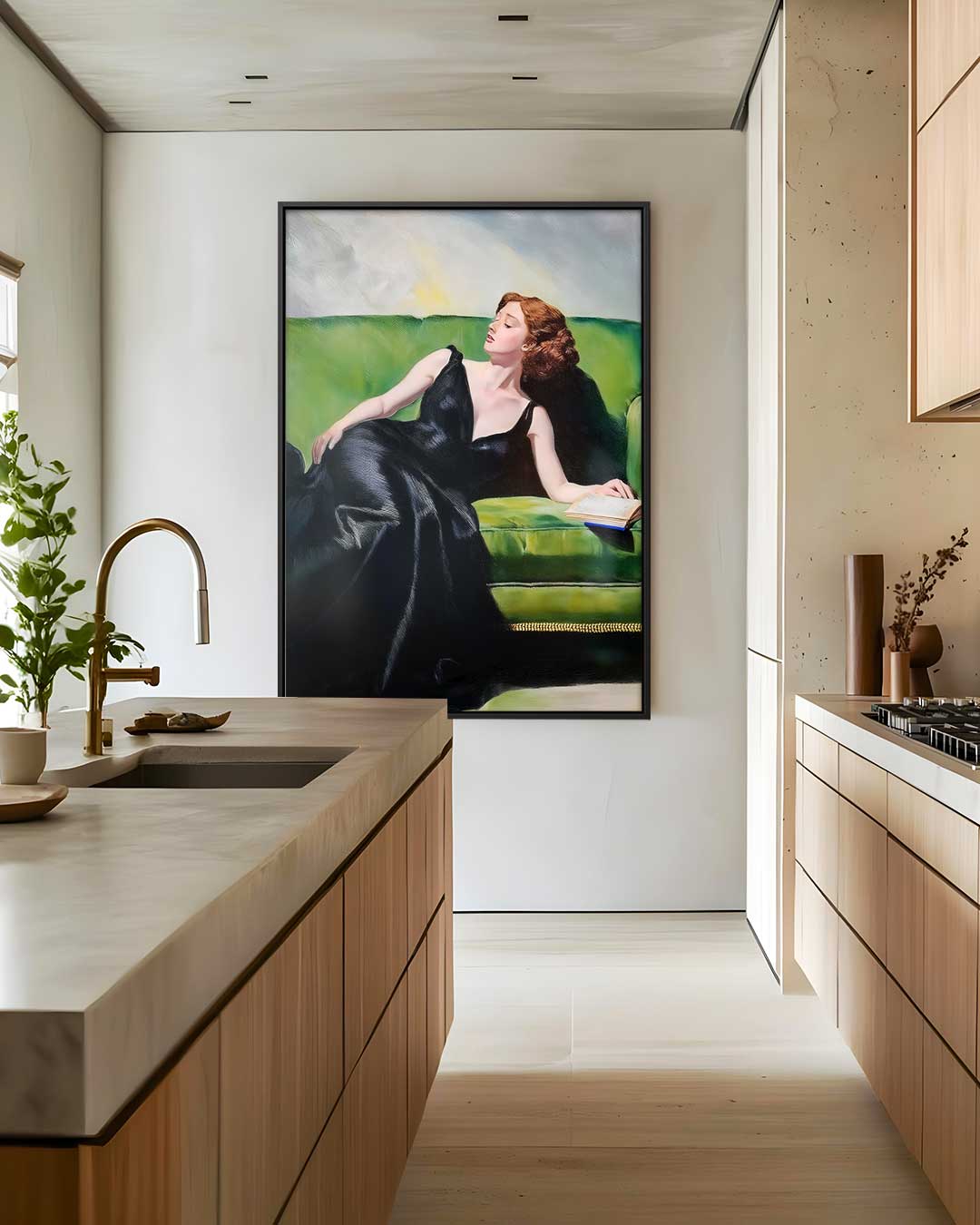 Vrouw Op Groene Bank Kunstwerk-canvas-dibond-plexiglas-wanddecoratie-WallArtistic