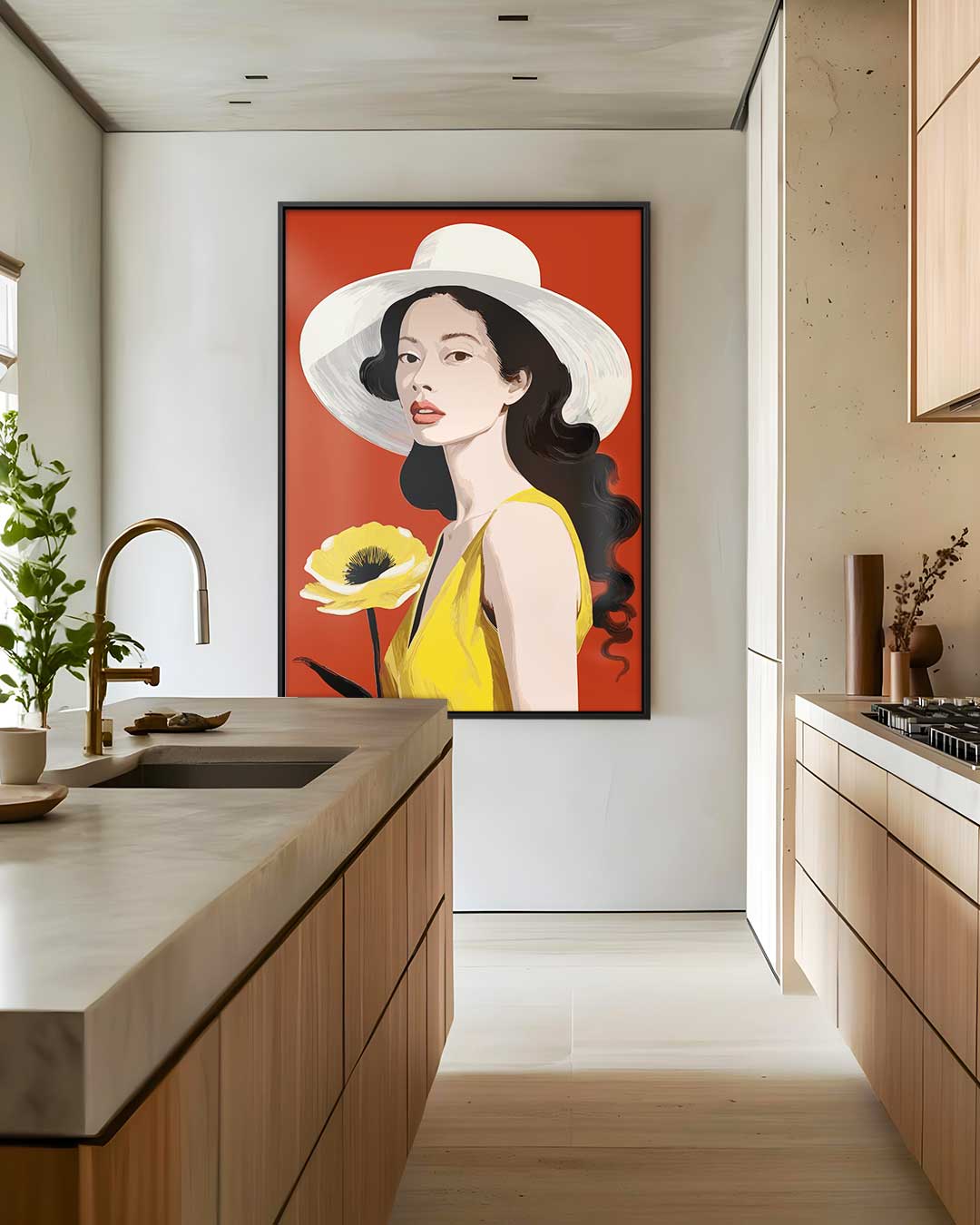 Vrouw en Bloem in Zomerhoed Kunstwerk-canvas-dibond-plexiglas-wanddecoratie-WallArtistic