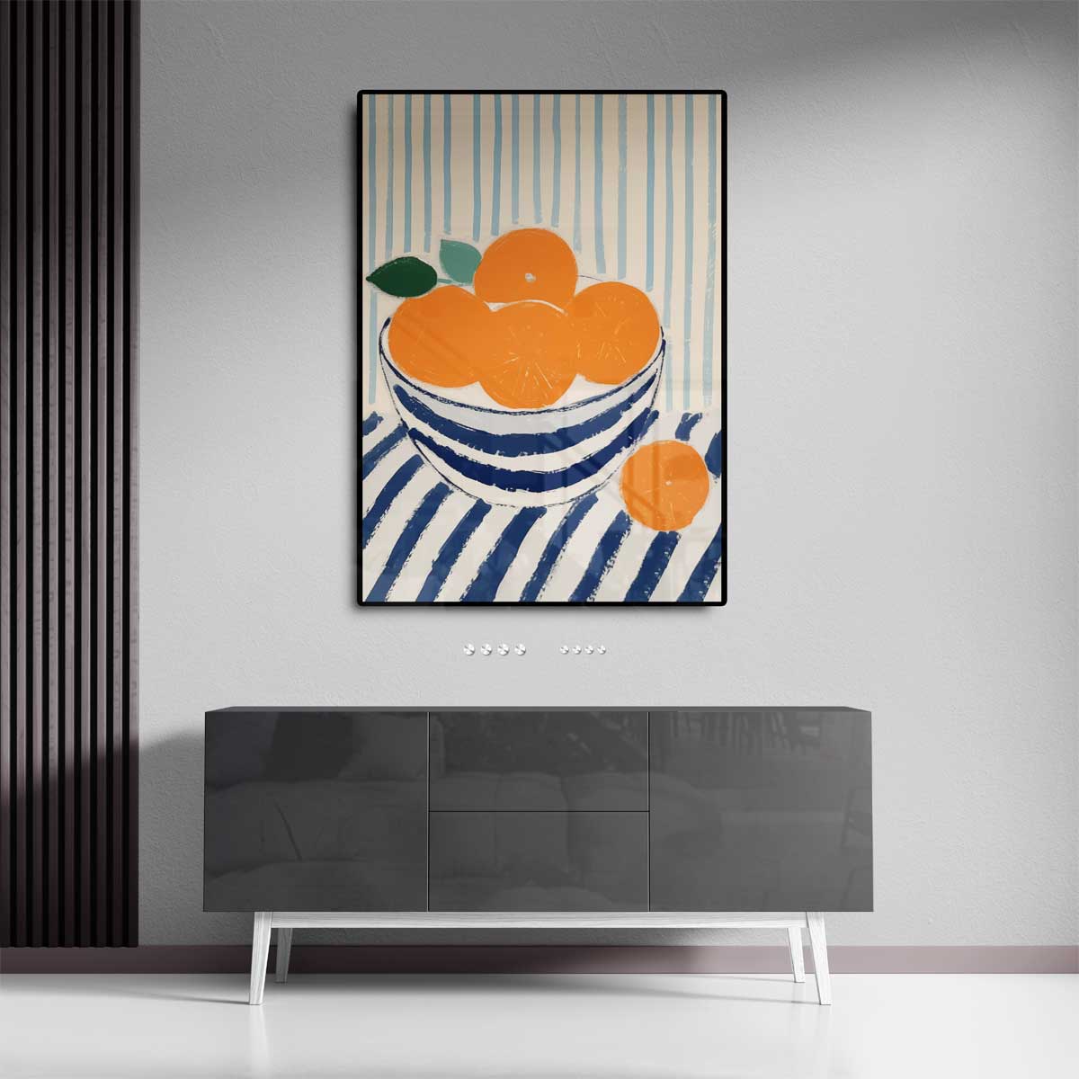 Zonnige Sinaasappels in Streepjesland Kunstwerk-canvas-dibond-plexiglas-wanddecoratie-WallArtistic