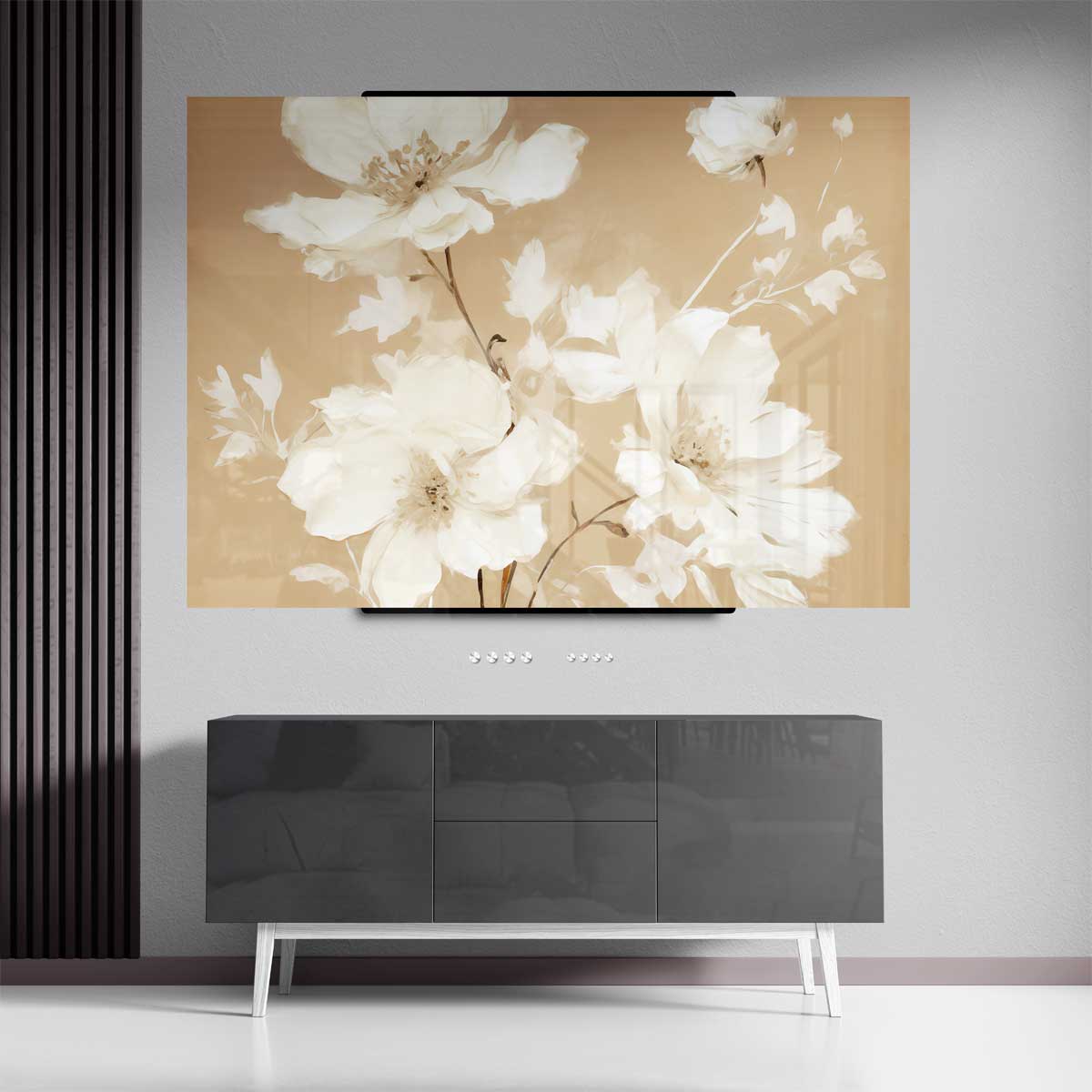 Elegante Bloemen op Beige Kunstwerk-canvas-dibond-plexiglas-wanddecoratie-WallArtistic