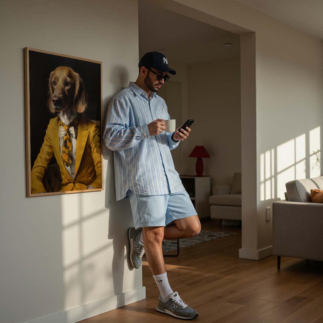 Stijlvolle Hond in Geel Kostuum Poster-WallArtistic