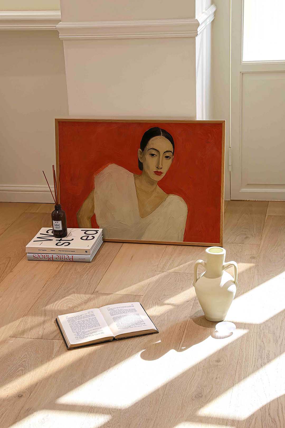 Vrouw met rode achtergrond Poster