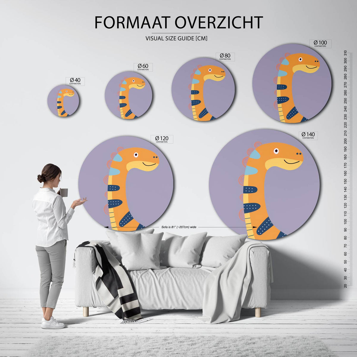 Oranje dinosaurus Muurcirkel – extra productweergave – Een oranje dinosaurus met blauwe en gele accenten op een paarse