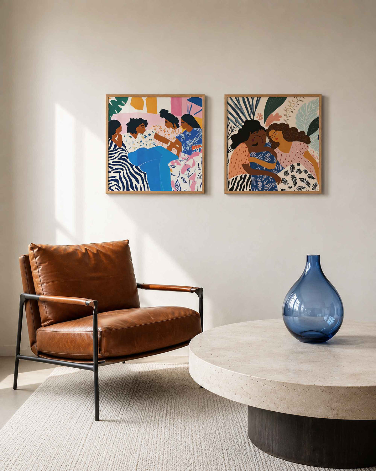 Interieurpresentatie van een tweedelige vierkante posterset met vrouwen en bladeren