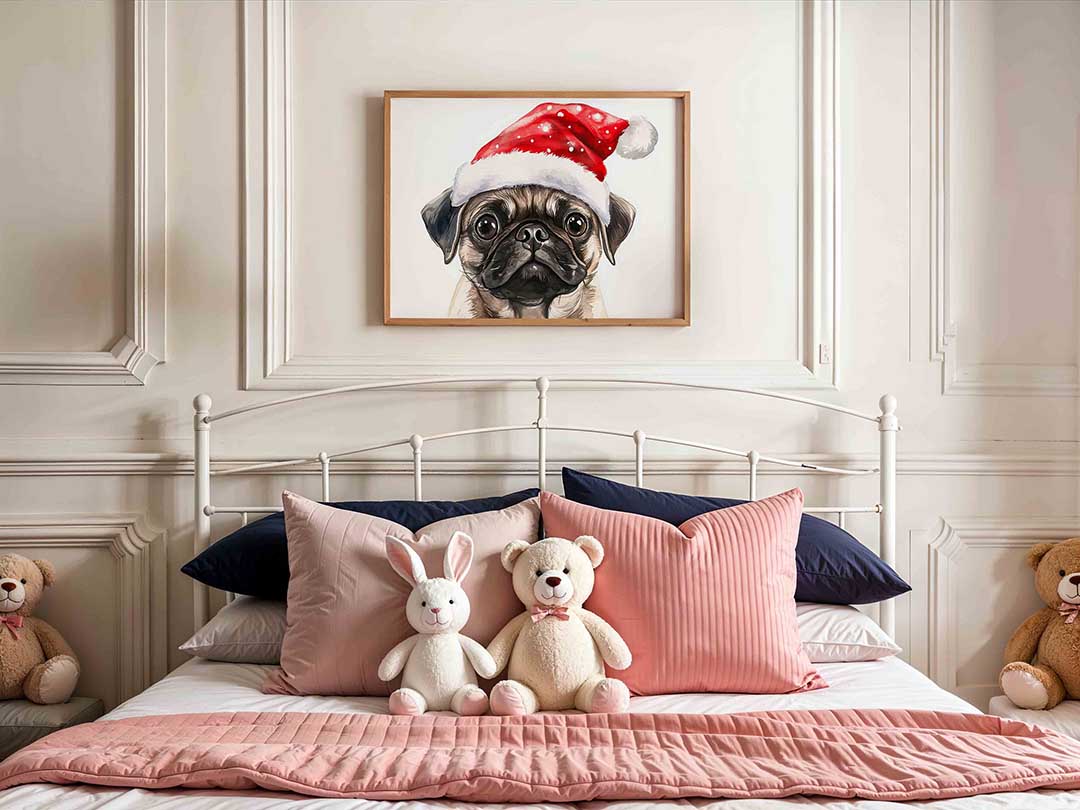 Mopshond met kerstmuts Poster