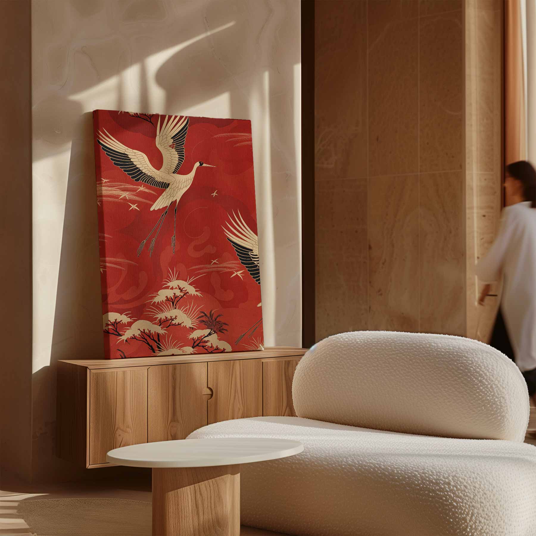 Vliegende Kraanvogels in het Rood Kunstwerk-canvas-dibond-plexiglas-wanddecoratie-WallArtistic