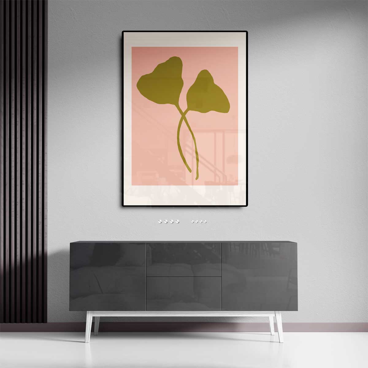 Minimalistische Bladvormen op Zalmkleur Kunstwerk-canvas-dibond-plexiglas-wanddecoratie-WallArtistic