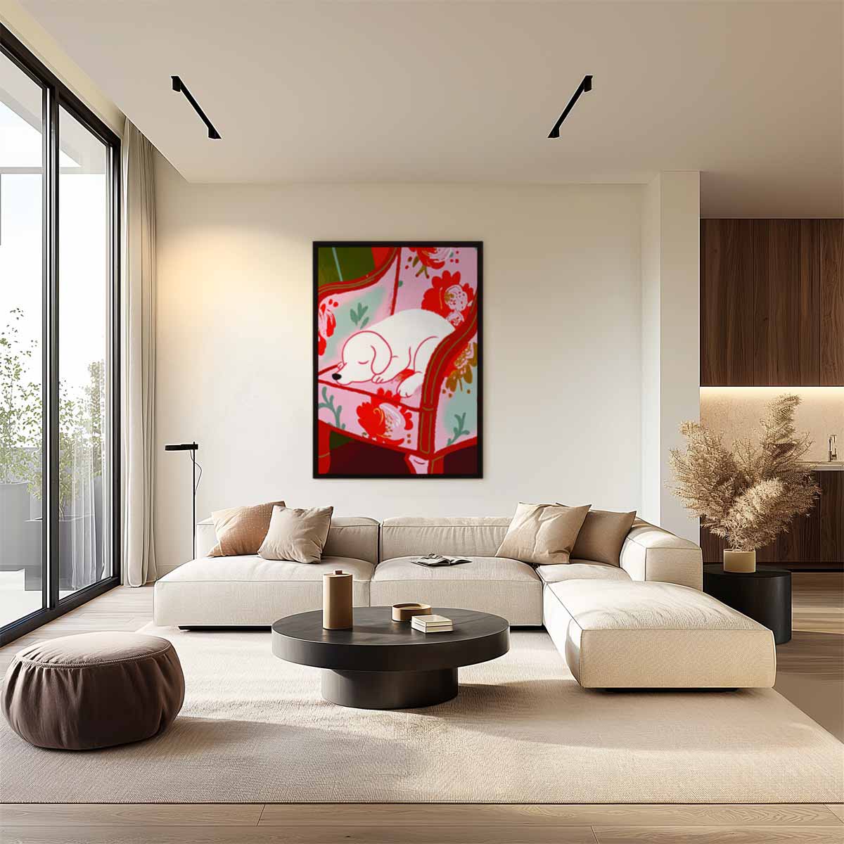 Dromerige Pup op Bloemenstoel Kunstwerk-canvas-dibond-plexiglas-wanddecoratie-WallArtistic