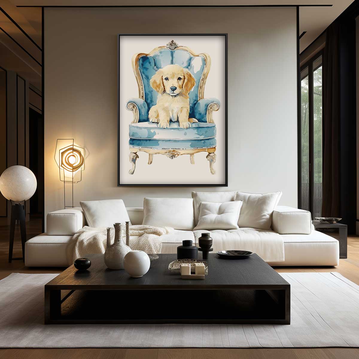 Koninklijk Hondje op Blauw Stoeltje Kunstwerk-canvas-dibond-plexiglas-wanddecoratie-WallArtistic