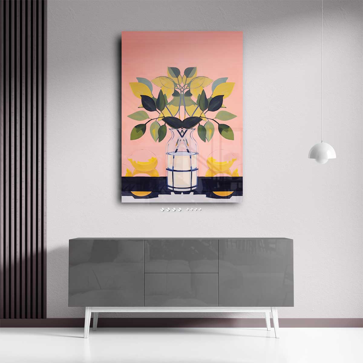 Vrolijke Vaas met Bladeren Kunstwerk-canvas-dibond-plexiglas-wanddecoratie-WallArtistic