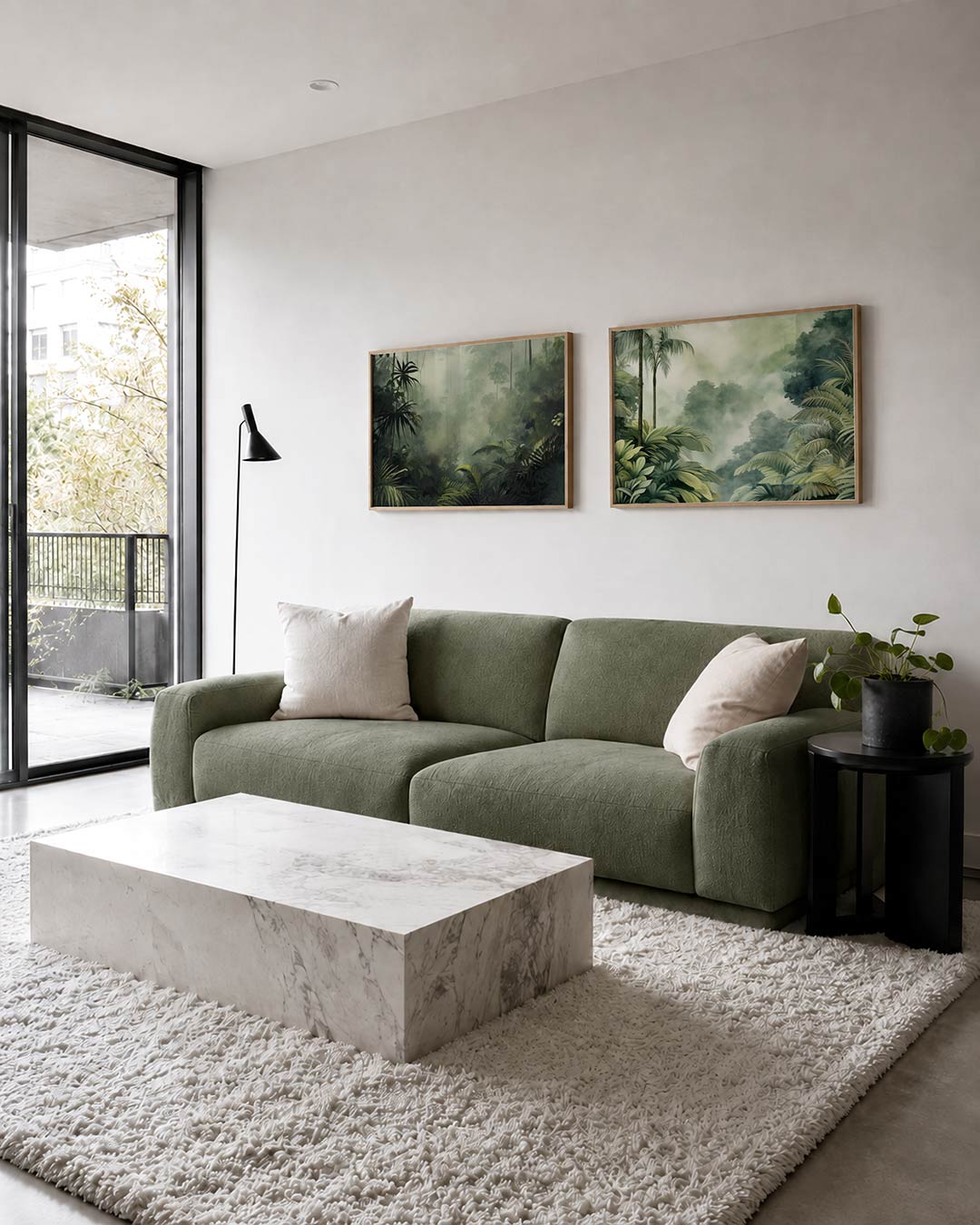 Twee liggende posters met een weelderige jungle met een mysterieuze mist, aan de muur in een interieur