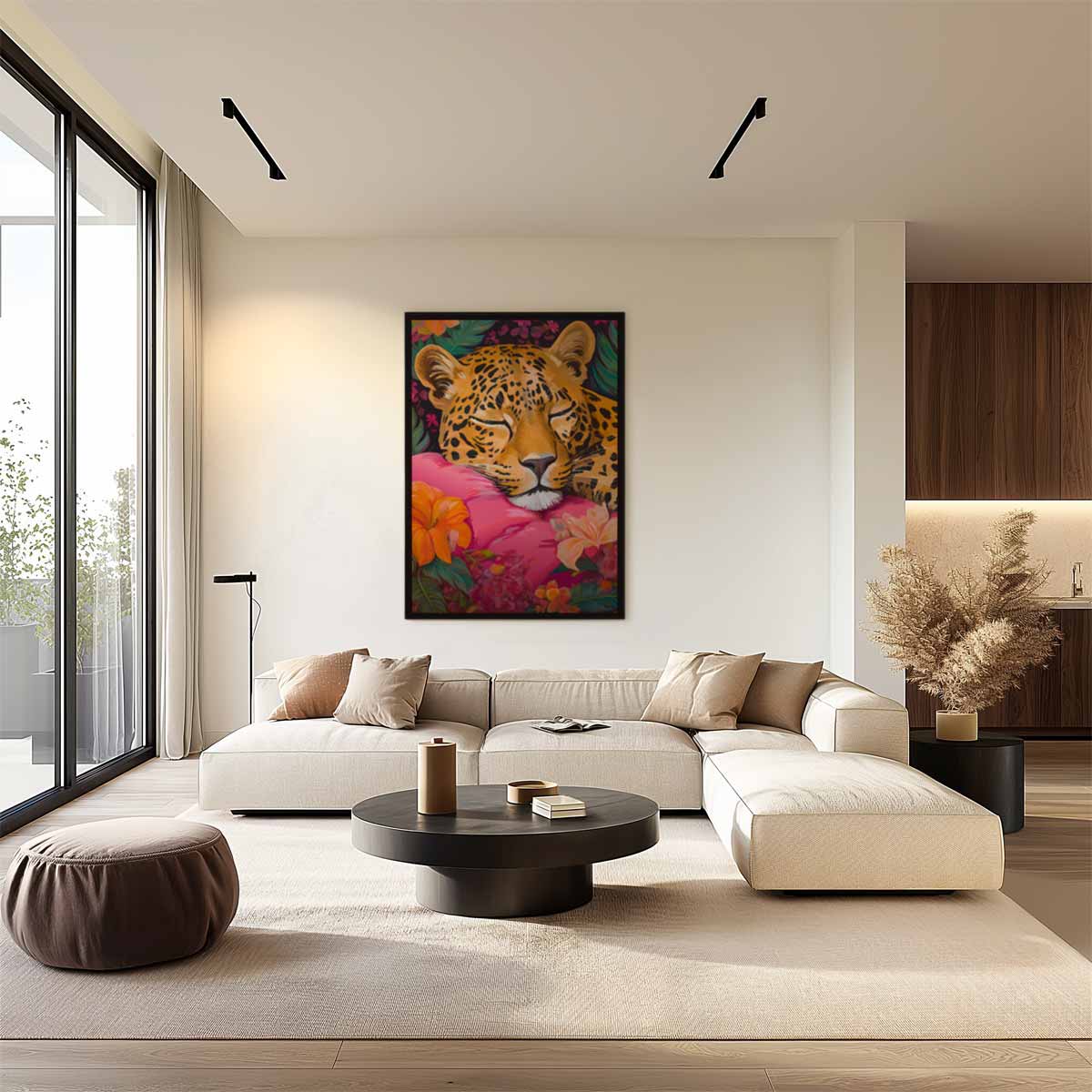 Dromende Luipaard op Roze Kussen Kunstwerk-canvas-dibond-plexiglas-wanddecoratie-WallArtistic