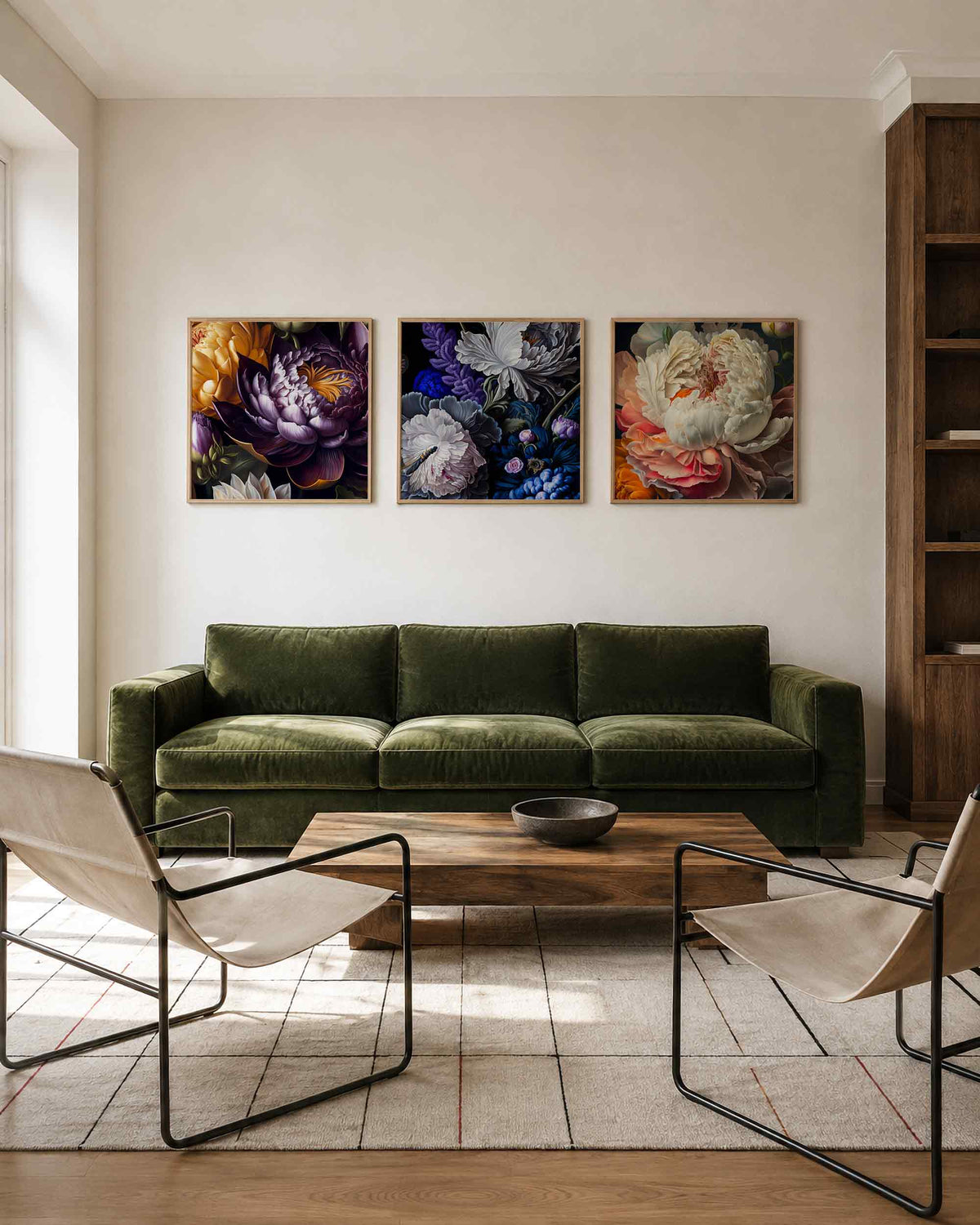 Interieurpresentatie van een driedelige vierkante posterset met kleurrijke bloemen