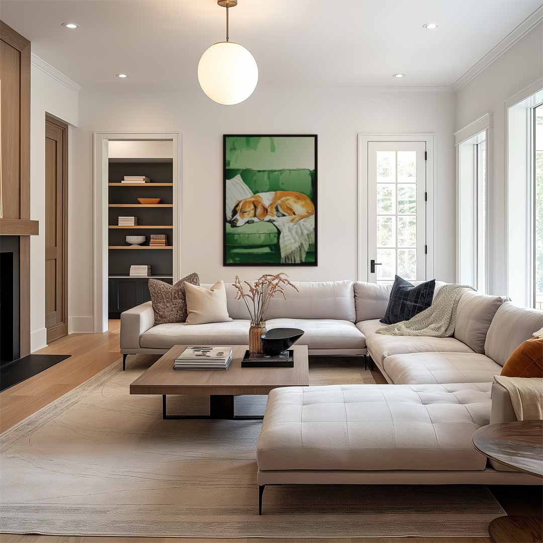 Slapende Hond op Groene Bank Kunstwerk-canvas-dibond-plexiglas-wanddecoratie-WallArtistic