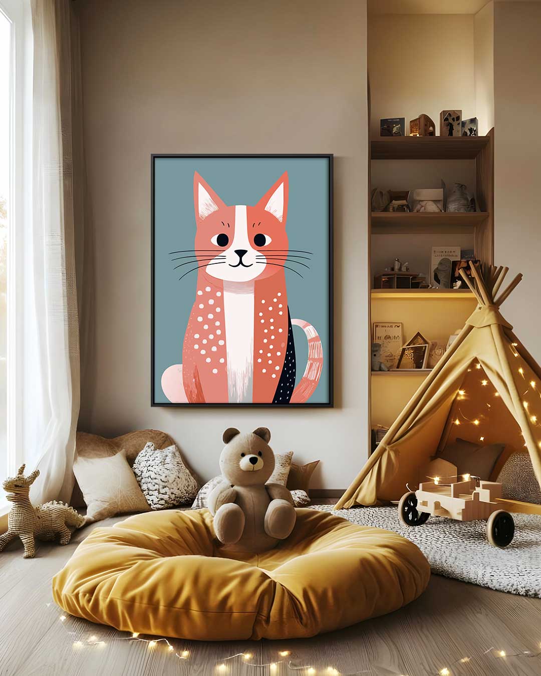 Vrolijke Kat Illustratie Kunstwerk-canvas-dibond-plexiglas-wanddecoratie-WallArtistic