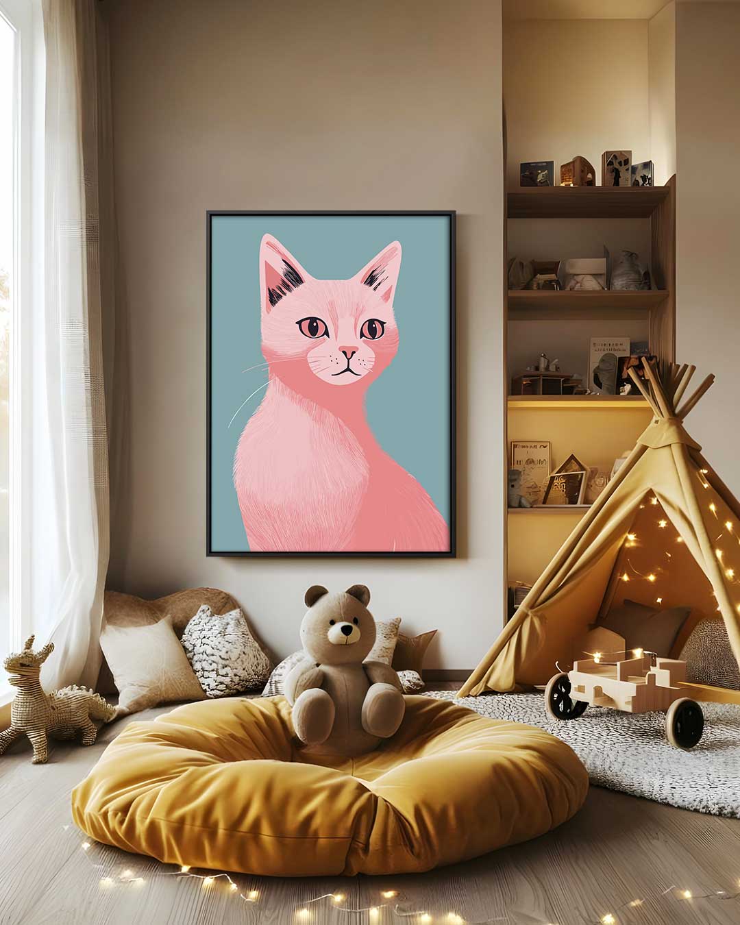 Dromerige Roze Kat Kunstwerk-canvas-dibond-plexiglas-wanddecoratie-WallArtistic