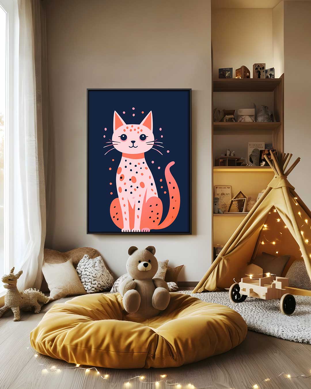 Vrolijke Kat Illustratie Kunstwerk-canvas-dibond-plexiglas-wanddecoratie-WallArtistic