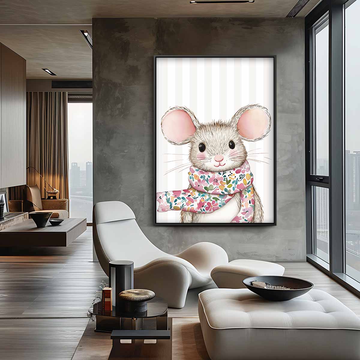 Schattige Muizenillustratie met Sjaal Kunstwerk-canvas-dibond-plexiglas-wanddecoratie-WallArtistic
