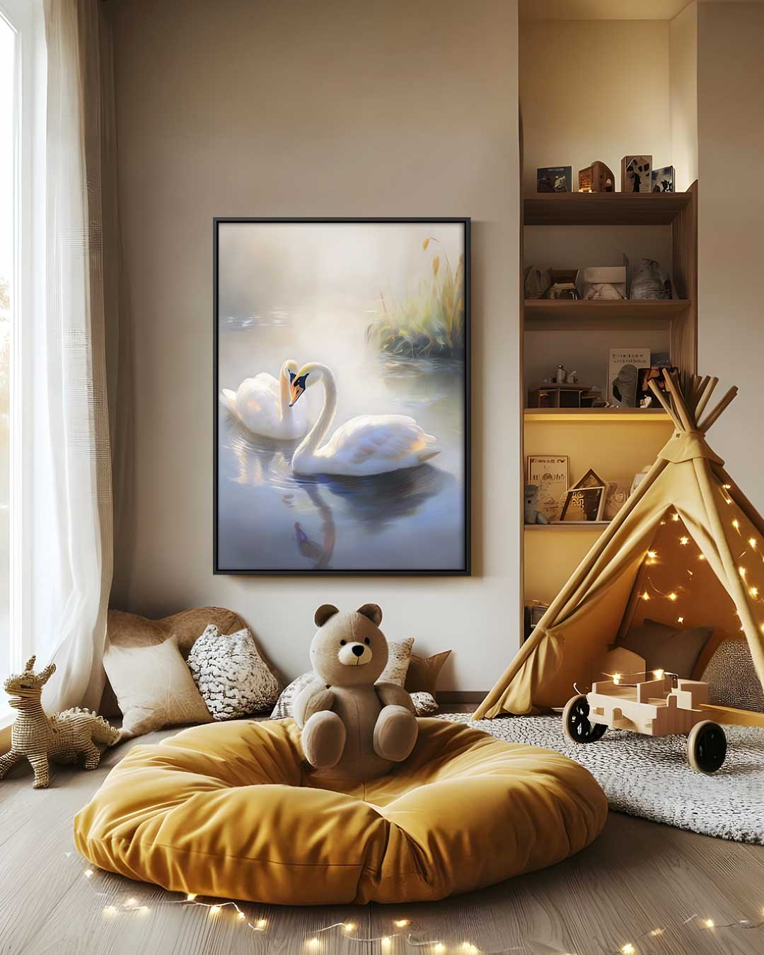 Romantisch Zwanenpaar in Mystieke Ochtendmist Kunstwerk-canvas-dibond-plexiglas-wanddecoratie-WallArtistic