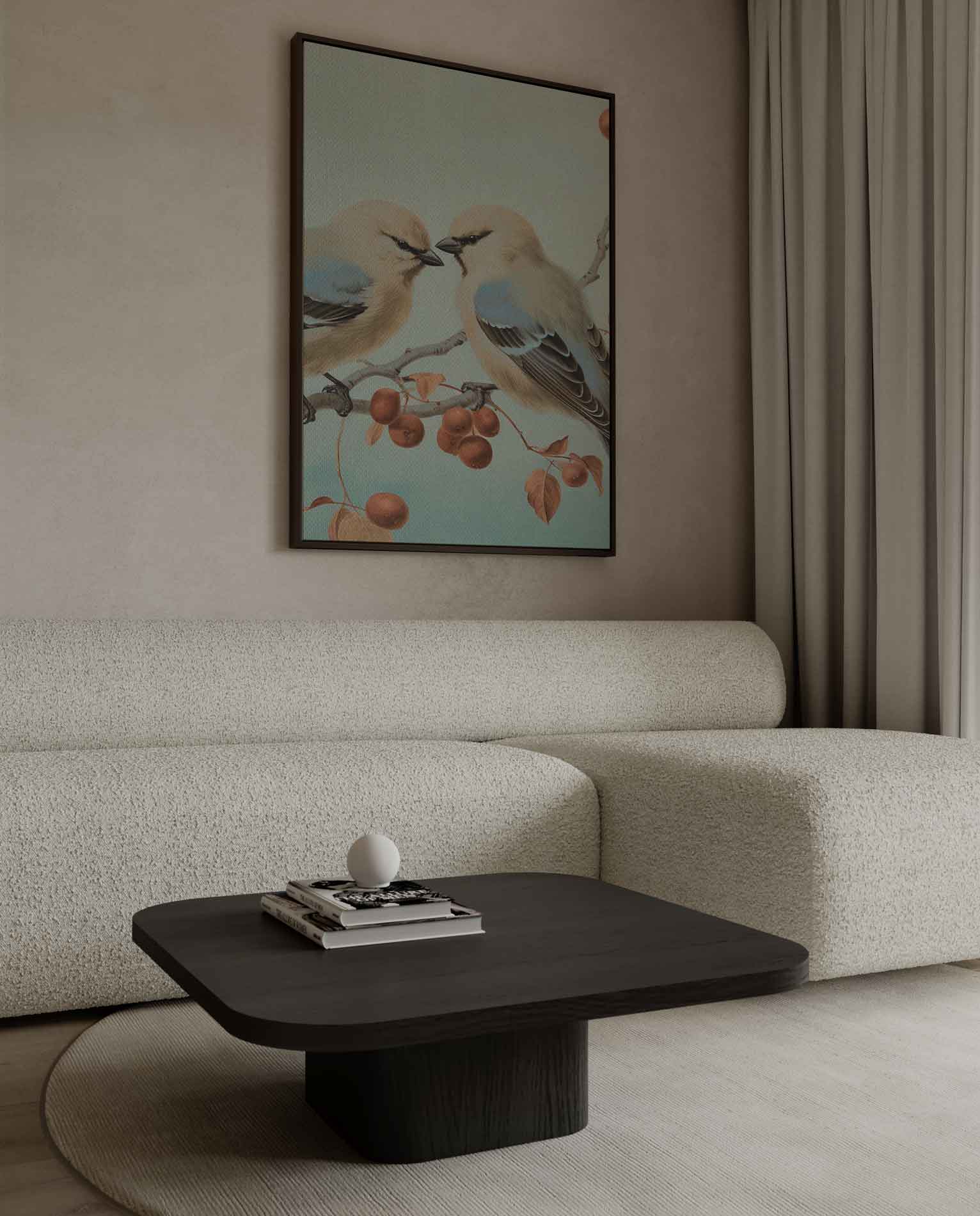 Twee Vogels op een Tak Kunstwerk-canvas-dibond-plexiglas-wanddecoratie-WallArtistic