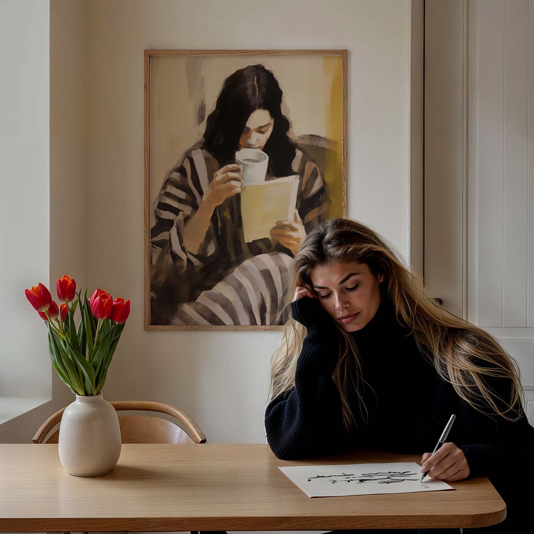 Rustmoment met Koffie en Boek Poster-WallArtistic