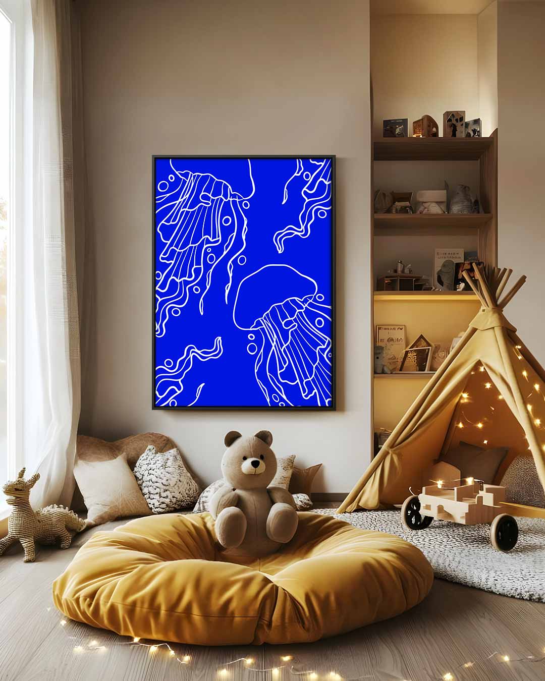 Dromerige Kwallen in Diepblauw Kunstwerk-canvas-dibond-plexiglas-wanddecoratie-WallArtistic