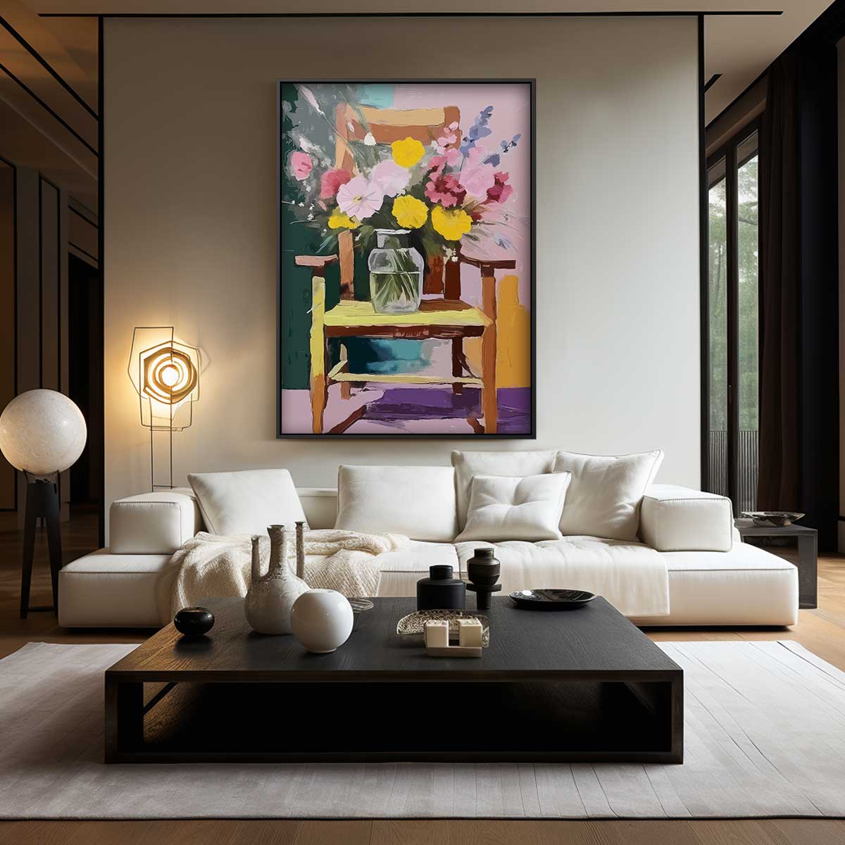 Zomerbloemen op Stoel Kunstwerk-canvas-dibond-plexiglas-wanddecoratie-WallArtistic