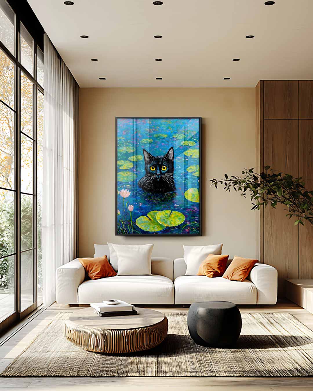 Kat in de Waterlelies Kunstwerk-canvas-dibond-plexiglas-wanddecoratie-WallArtistic