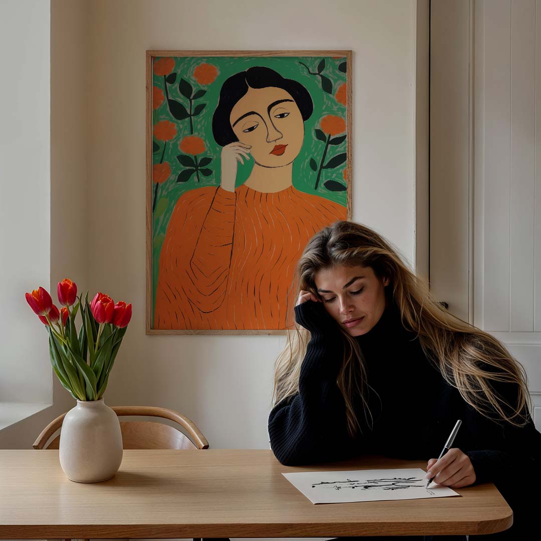 Dromerige Vrouw in Bloemenwereld Poster-WallArtistic