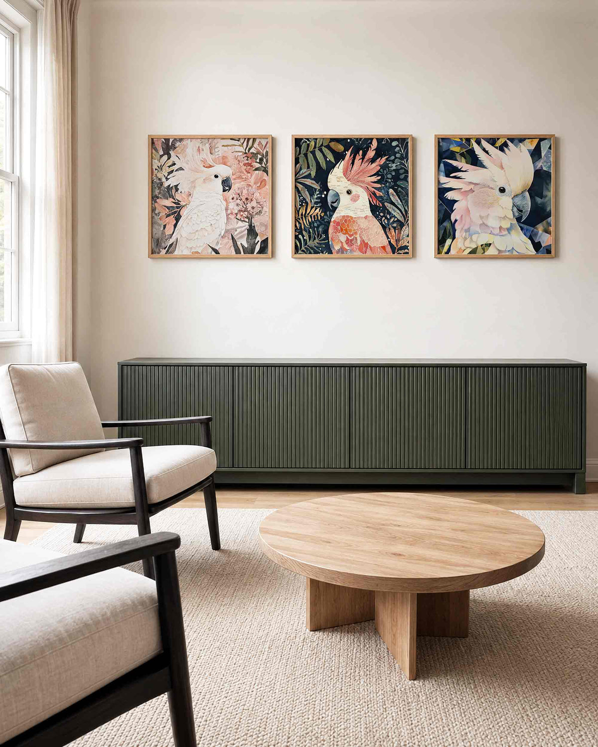 Interieurpresentatie van een driedelige vierkante posterset met papegaaien in bladwerk