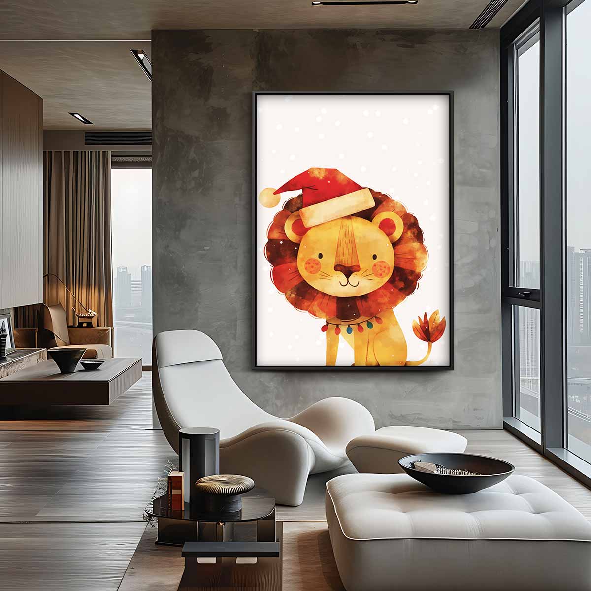 Kerstleeuw met Kerstmuts Kunstwerk-canvas-dibond-plexiglas-wanddecoratie-WallArtistic
