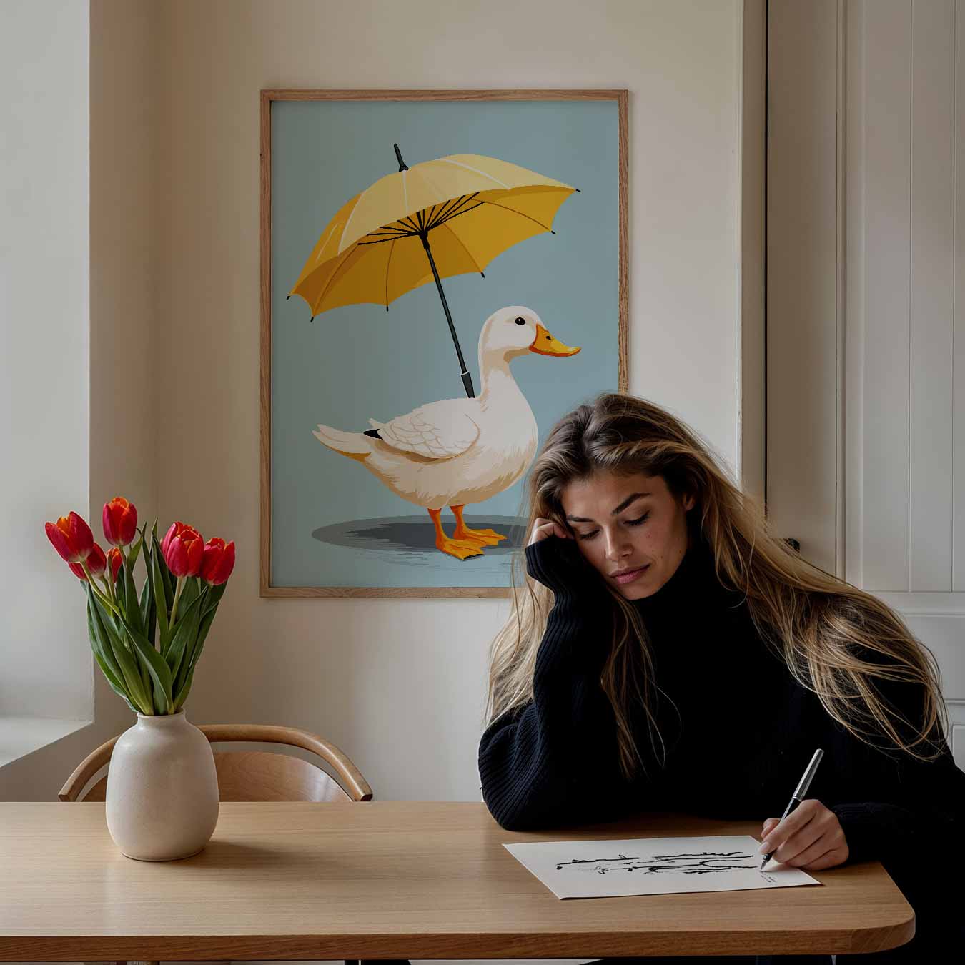 Vrolijke Eend met Paraplu Poster-WallArtistic