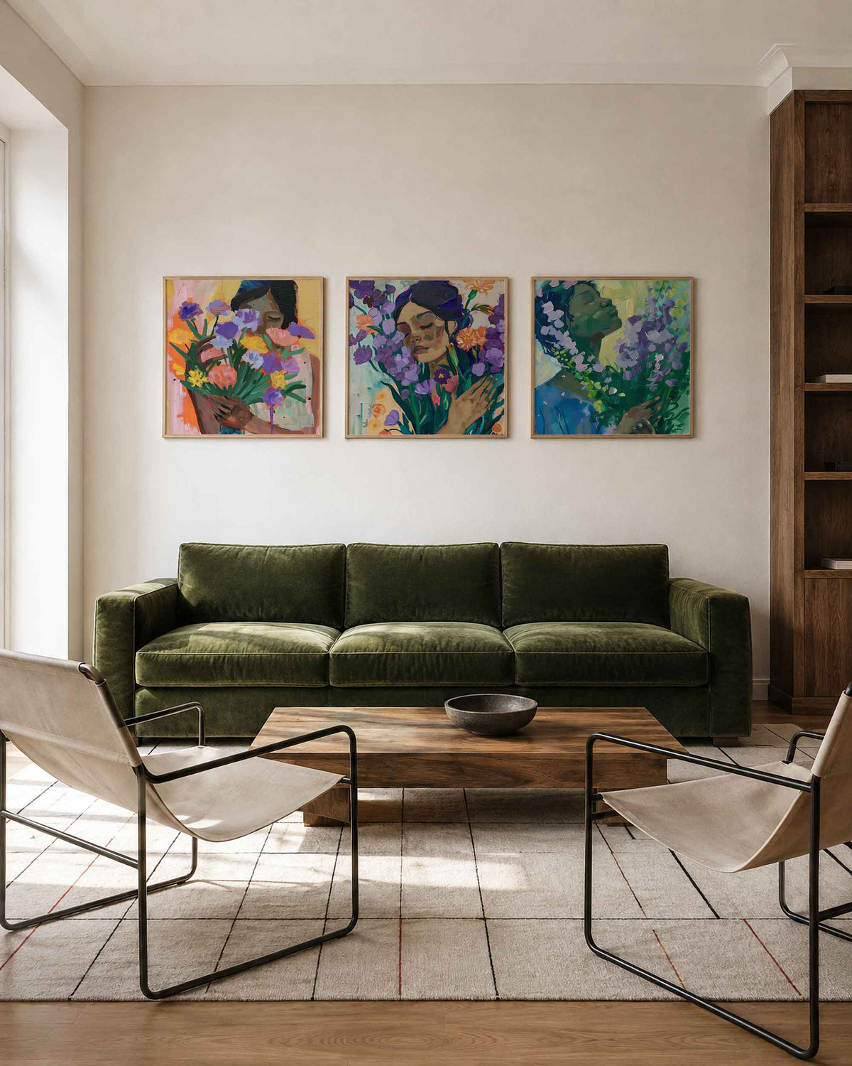 Interieurpresentatie van een driedelige vierkante posterset met vrouwenportretten met bloemen