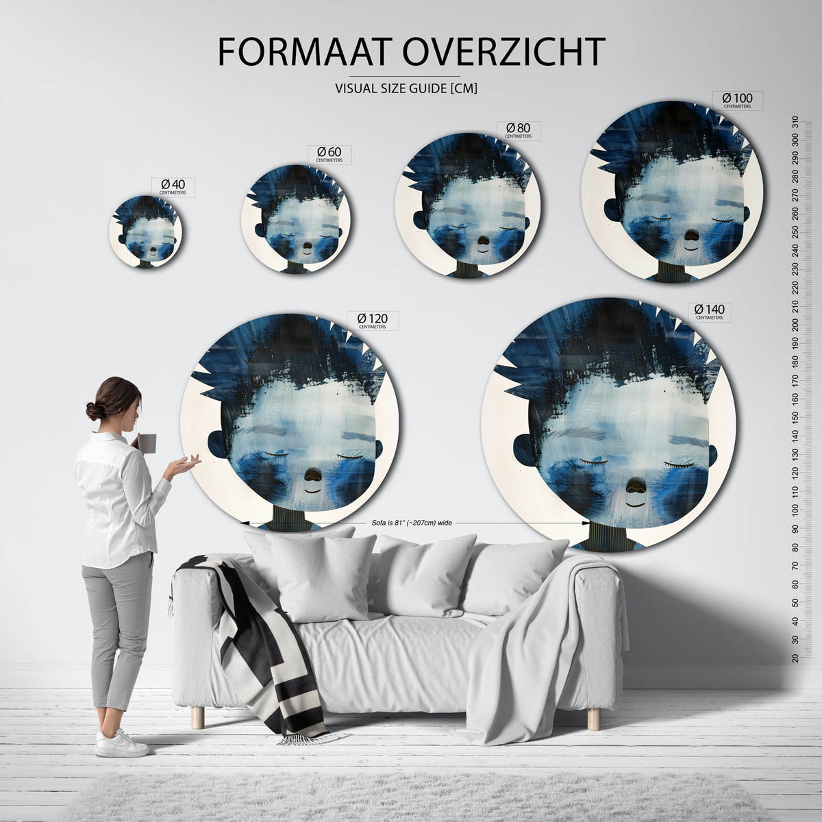 Blauw gezicht Muurcirkel – extra productweergave – Een gezicht met gesloten ogen in verschillende tinten blauw.