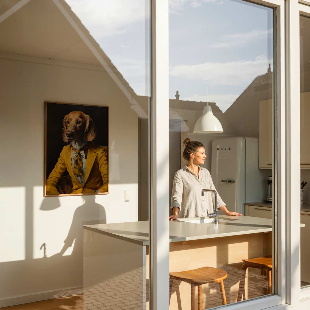 Stijlvolle Hond in Geel Kostuum Poster-WallArtistic