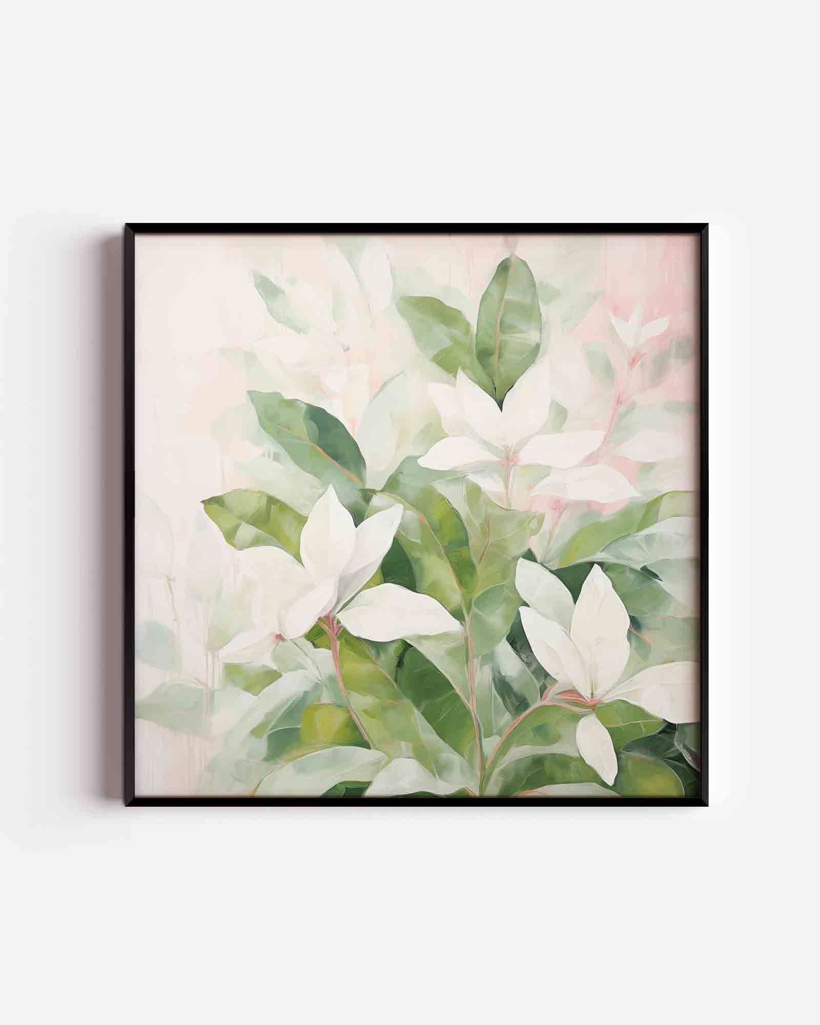 Witte bloemen en groene bladeren Poster