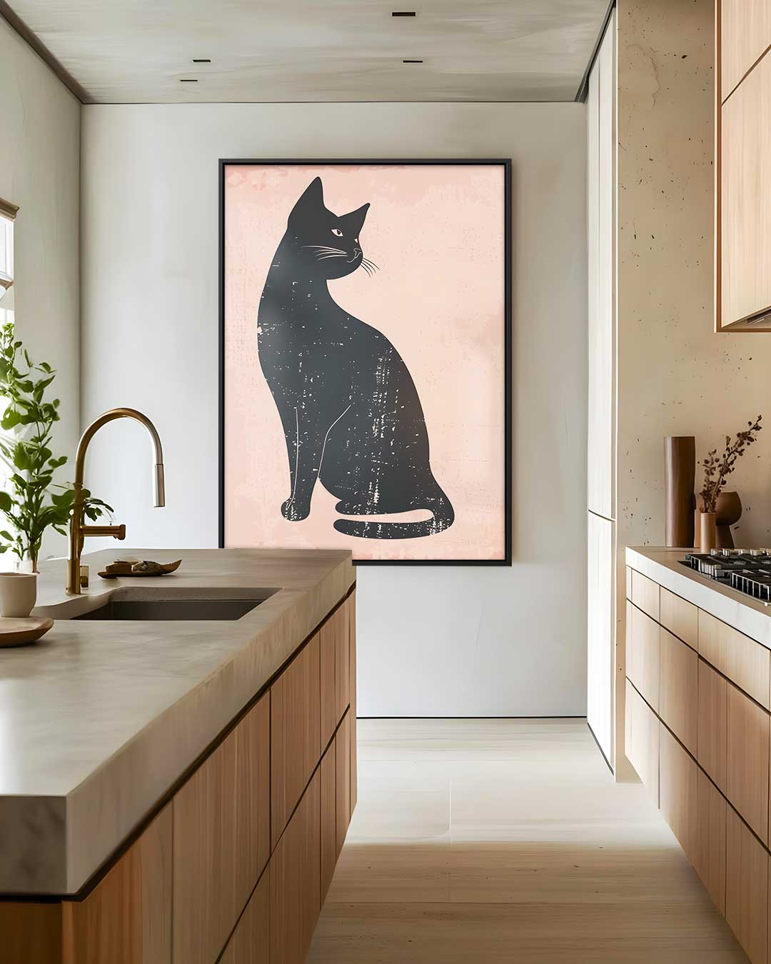 Elegante Zwarte Kat op Rustieke Achtergrond Kunstwerk-canvas-dibond-plexiglas-wanddecoratie-WallArtistic