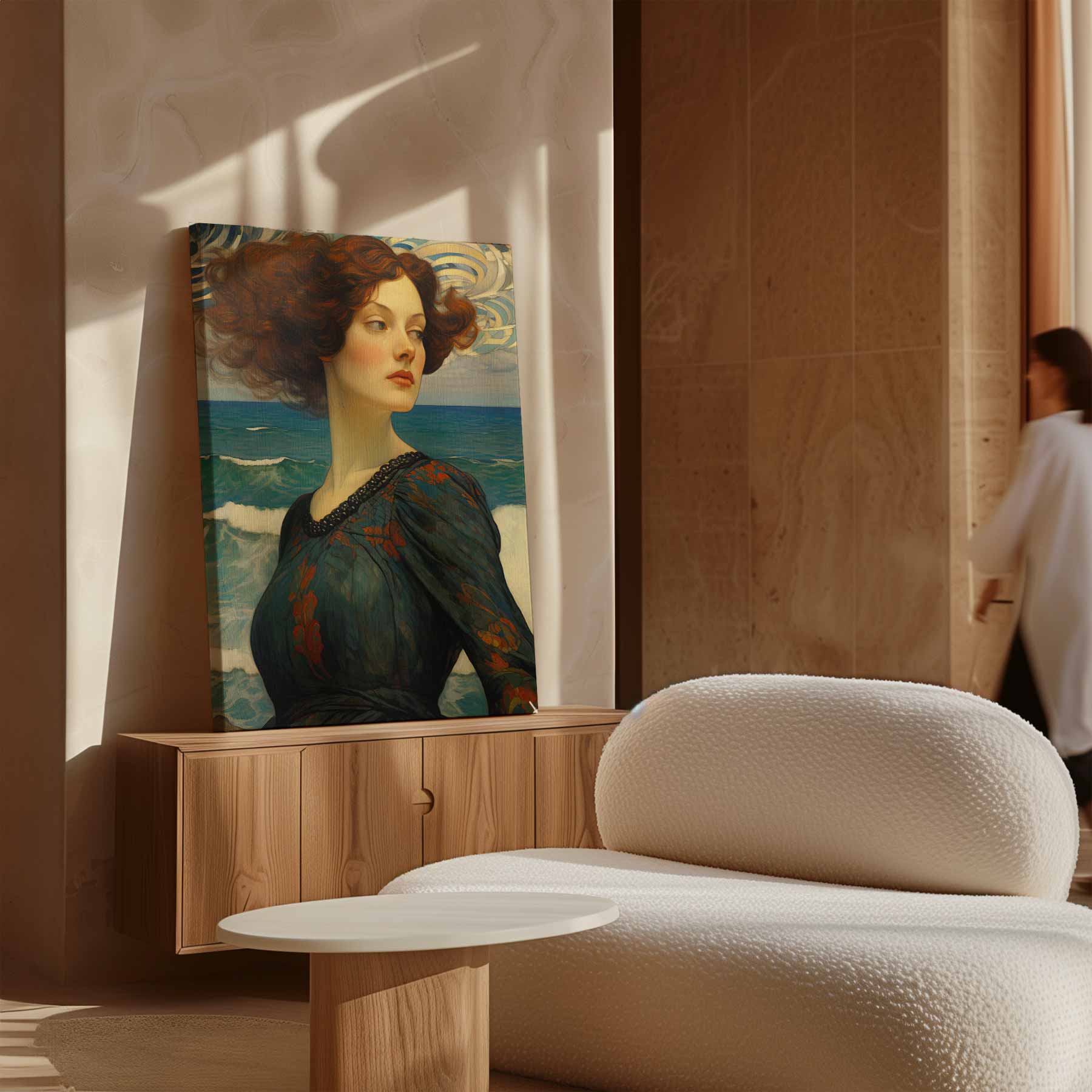 Dromerige dame aan zee Kunstwerk-canvas-dibond-plexiglas-wanddecoratie-WallArtistic