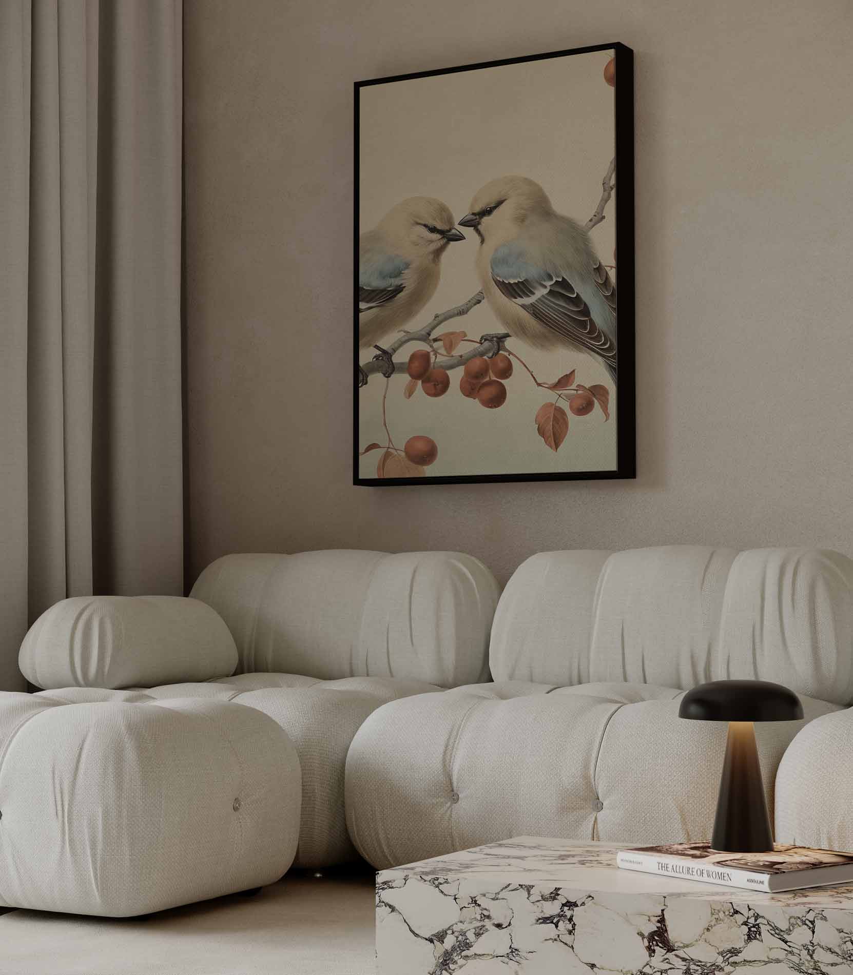 Vogelpaar op Tak Kunstwerk-canvas-dibond-plexiglas-wanddecoratie-WallArtistic