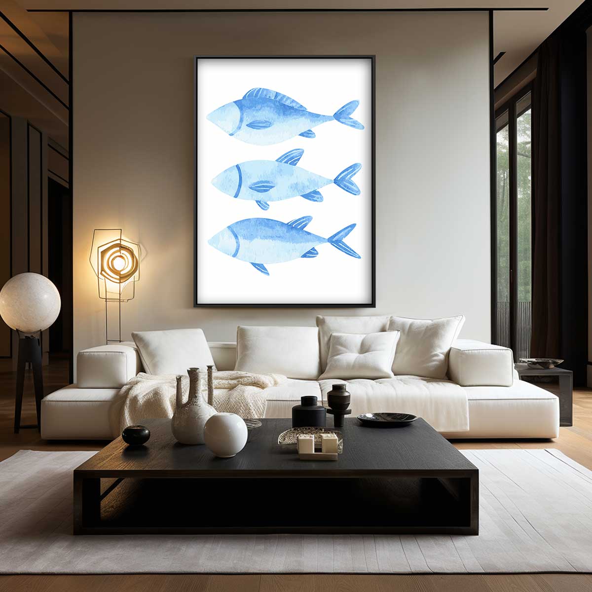 Blauw Waterverf Vissen Trio Kunstwerk-canvas-dibond-plexiglas-wanddecoratie-WallArtistic