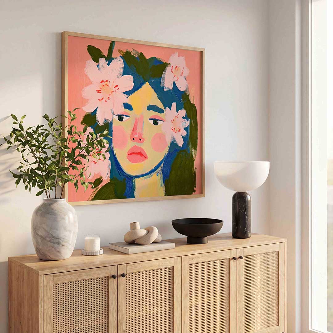 Bloemen en gezicht Poster