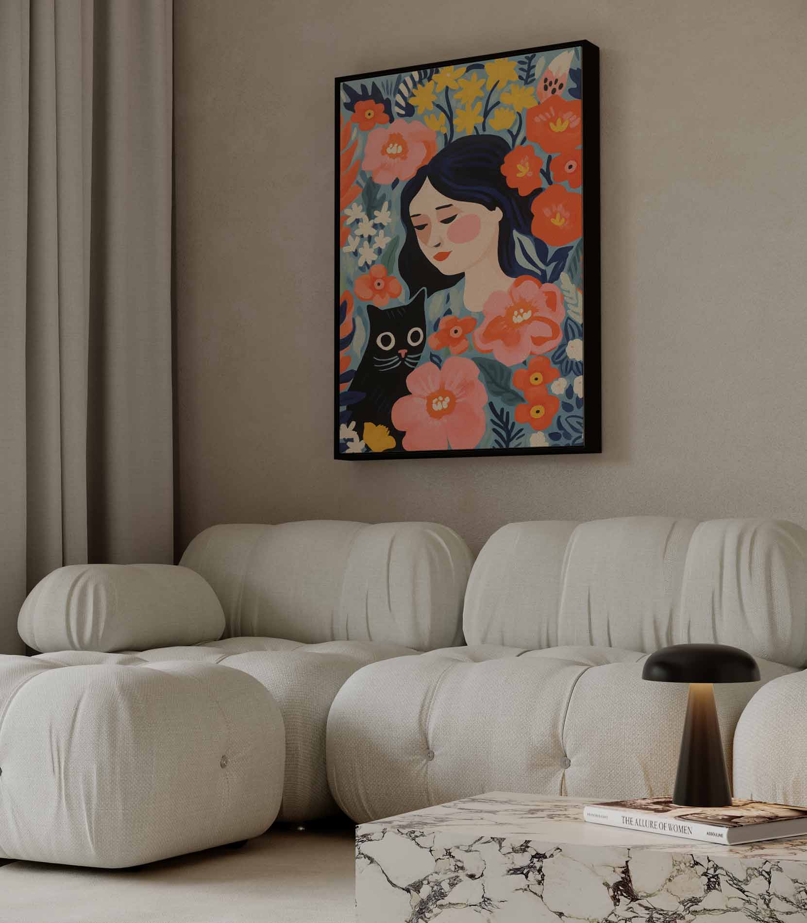 Bloemendroom met Kat Kunstwerk-canvas-dibond-plexiglas-wanddecoratie-WallArtistic
