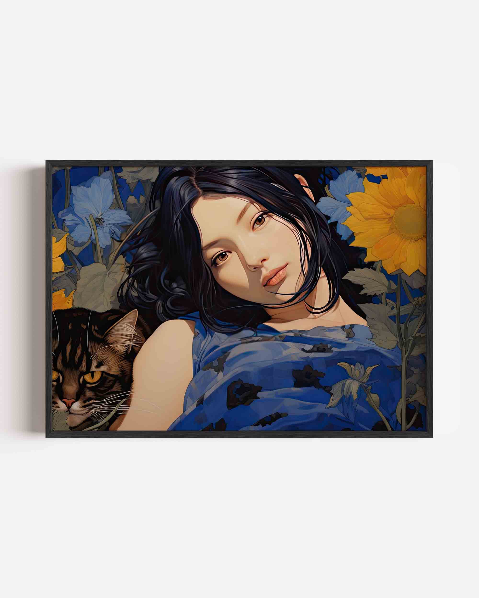 Vrouw en kat met bloemen Poster