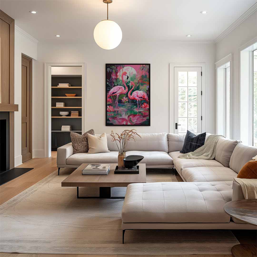 Tropische Flamingo's bij Zonsondergang Kunstwerk-canvas-dibond-plexiglas-wanddecoratie-WallArtistic