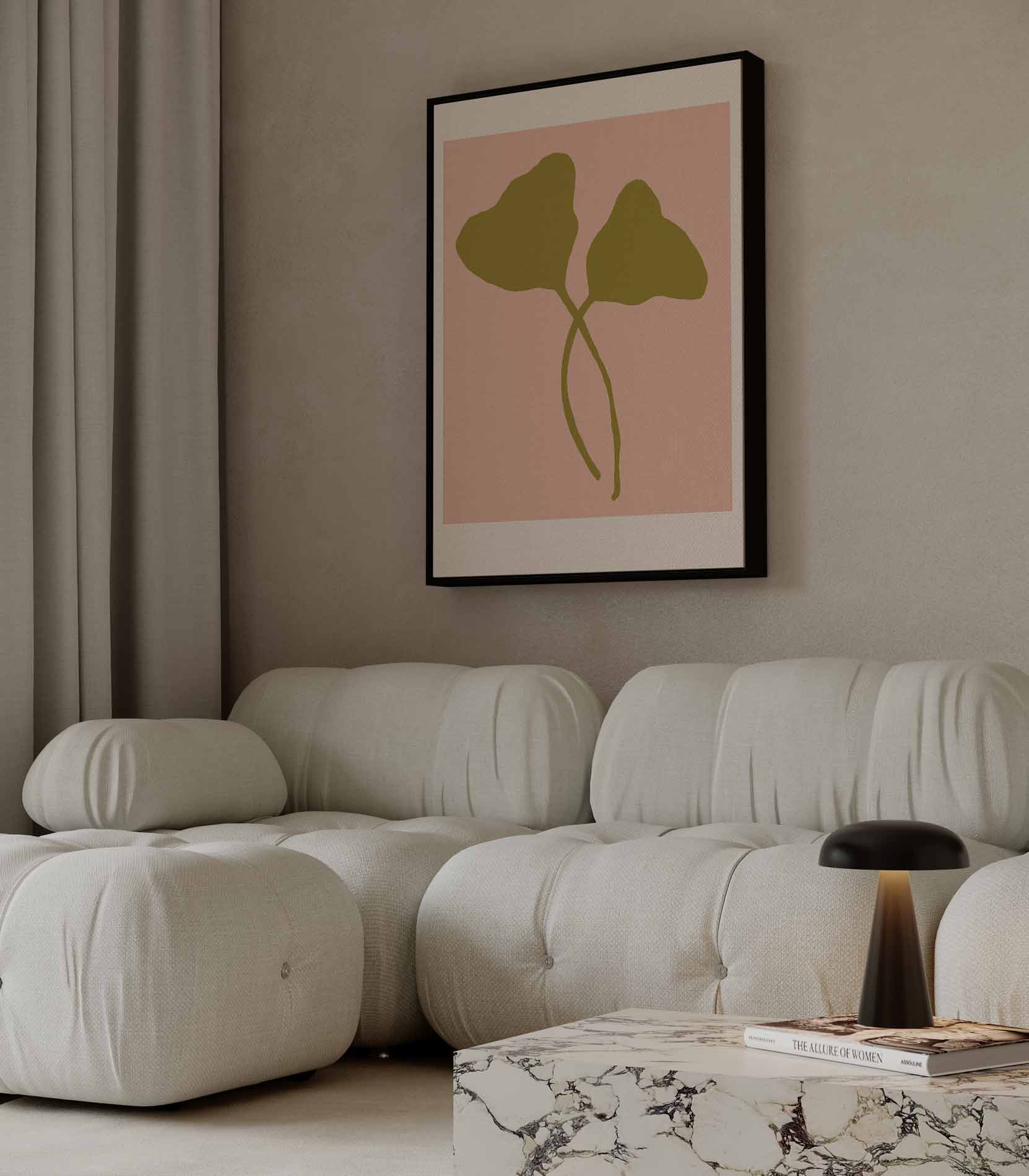 Minimalistische Bladvormen op Zalmkleur Kunstwerk-canvas-dibond-plexiglas-wanddecoratie-WallArtistic