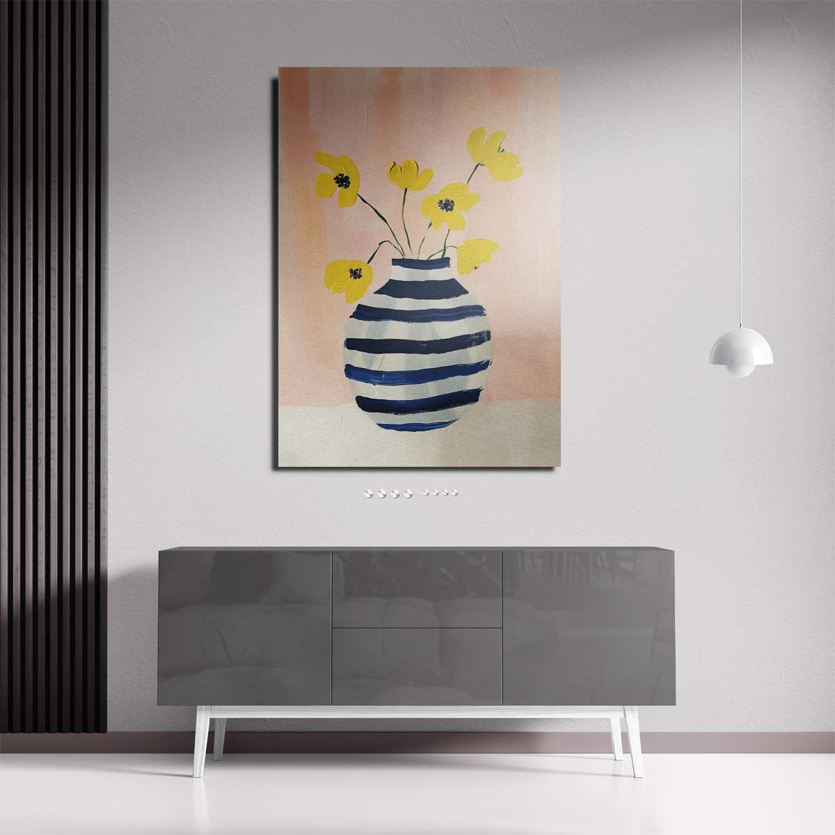 Zonnige Bloemen in Gestreepte Vaas Kunstwerk-canvas-dibond-plexiglas-wanddecoratie-WallArtistic