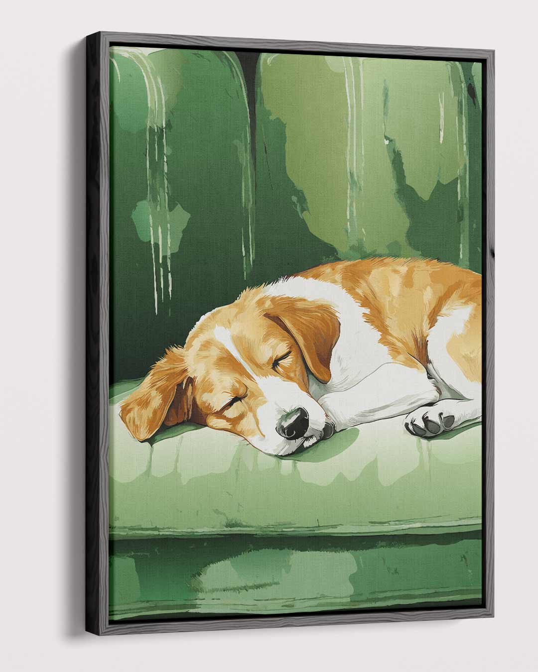 Slapende Beagle op Groene Bank Kunstwerk-canvas-dibond-plexiglas-wanddecoratie-WallArtistic