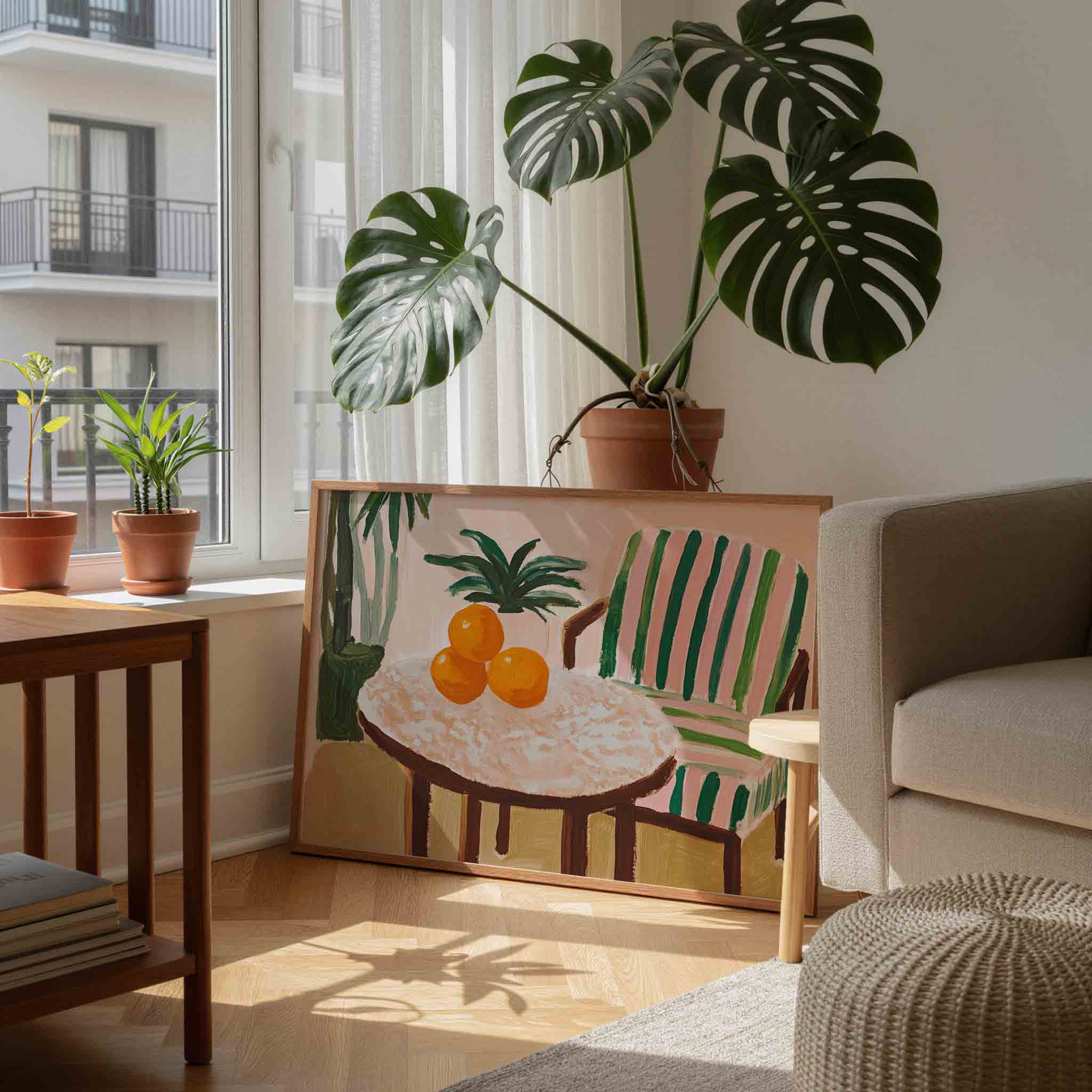 Oranje fruit en gestreepte stoel Poster